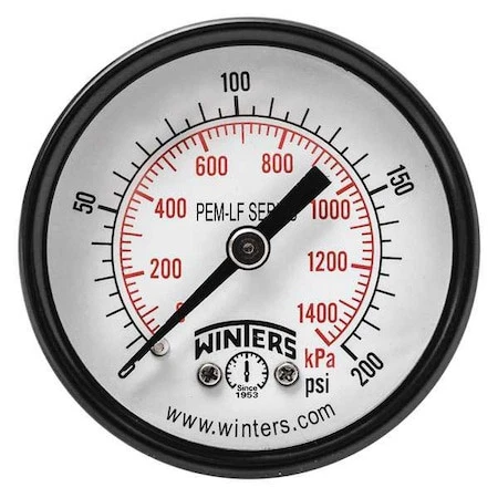 Winters Pem1426lf Pressure Gauge, 0 To 200 Psi Psi, 2 In Dial, 1/8 In Npt