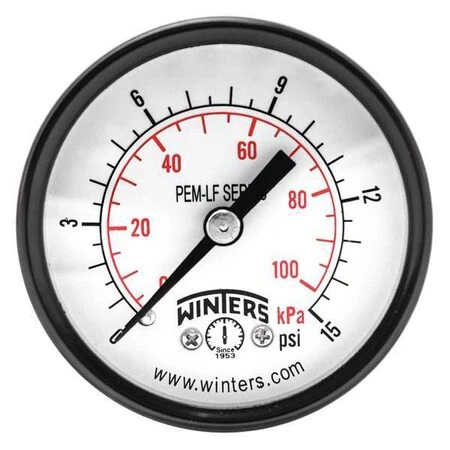 Winters Pem1429lf Lead-Free Pressure Gauge, 0 To 15 Psi, 2 In Dial, 1/4 In Npt,