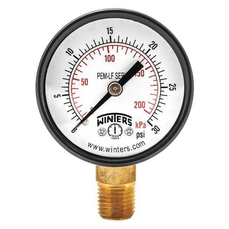 Winters Pem199lf Lead-Free Pressure Gauge, 0 To 30 Psi, 2 In Dial, 1/4 In Npt,