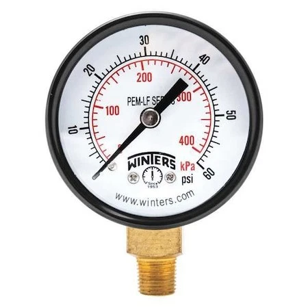 Winters Pem207lf Lead-Free Pressure Gauge, 0 To 60 Psi, 2 In Dial, 1/8 In Npt,