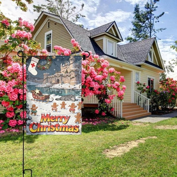 Wintertime Garden Flag Red Cross Stocking Castle Sled Gingerbread Dancing Wolf Garden Flags 12X18 Inch Vertical Double Sided Outside Decorations Polyester Yard Flag