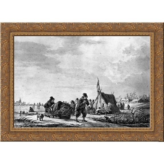 Winterview of men with sledge 24x18 Gold Ornate Wood Framed Canvas Art by Jacob van Strij