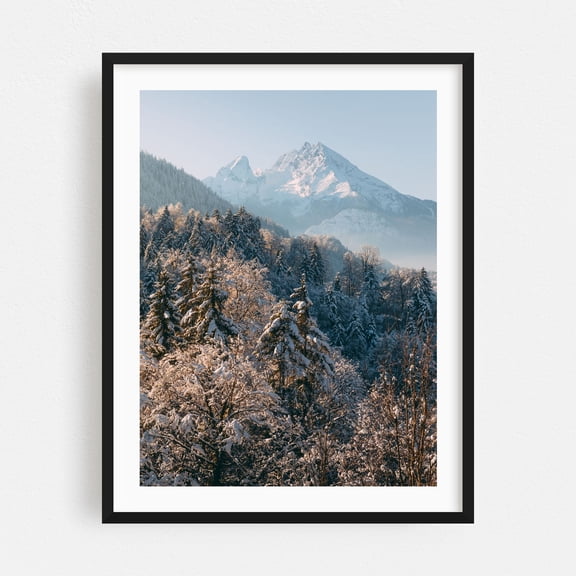 Wintery Watzmann - Schönau am Königssee Bayern Deutschland Photography Mountain Winter Snow Nature Scenic Landscape Forest Black Framed Wall Art Print 9 x 12 inches