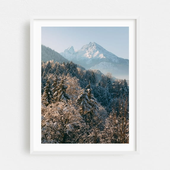 Wintery Watzmann - Schönau am Königssee Bayern Deutschland Photography Mountain Winter Snow Nature Scenic Landscape Forest White Framed Wall Art Print 11 x 14 inches