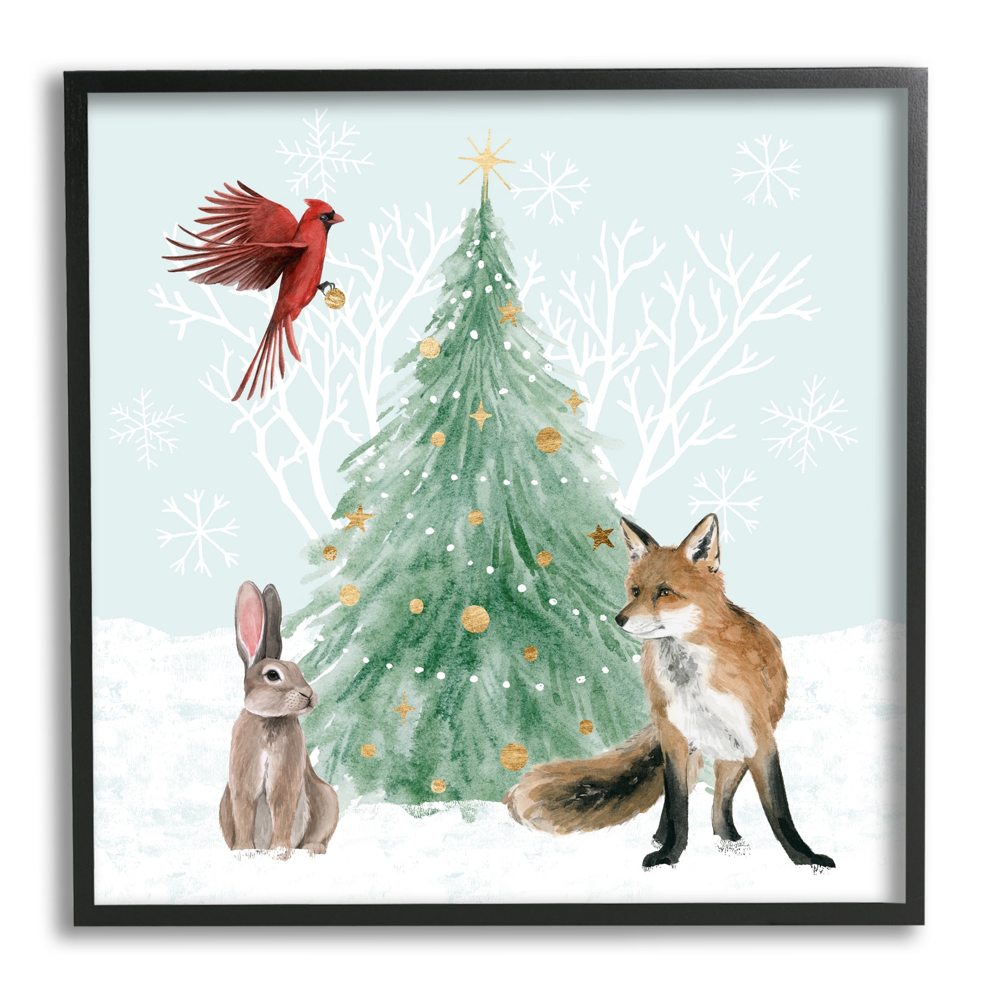 Wintery Wildlife Decorated Christmas Tree Snowflakes Animals & Insects Painting Framed Art Print Wall Art
