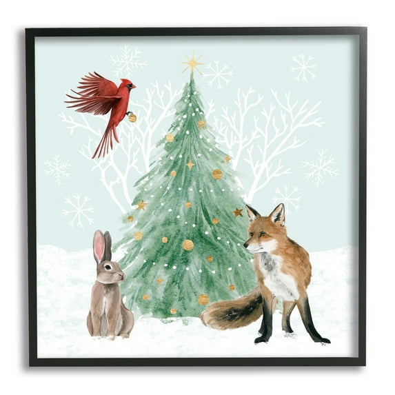 Wintery Wildlife Decorated Christmas Tree Snowflakes Animals & Insects Painting Framed Art Print Wall Art