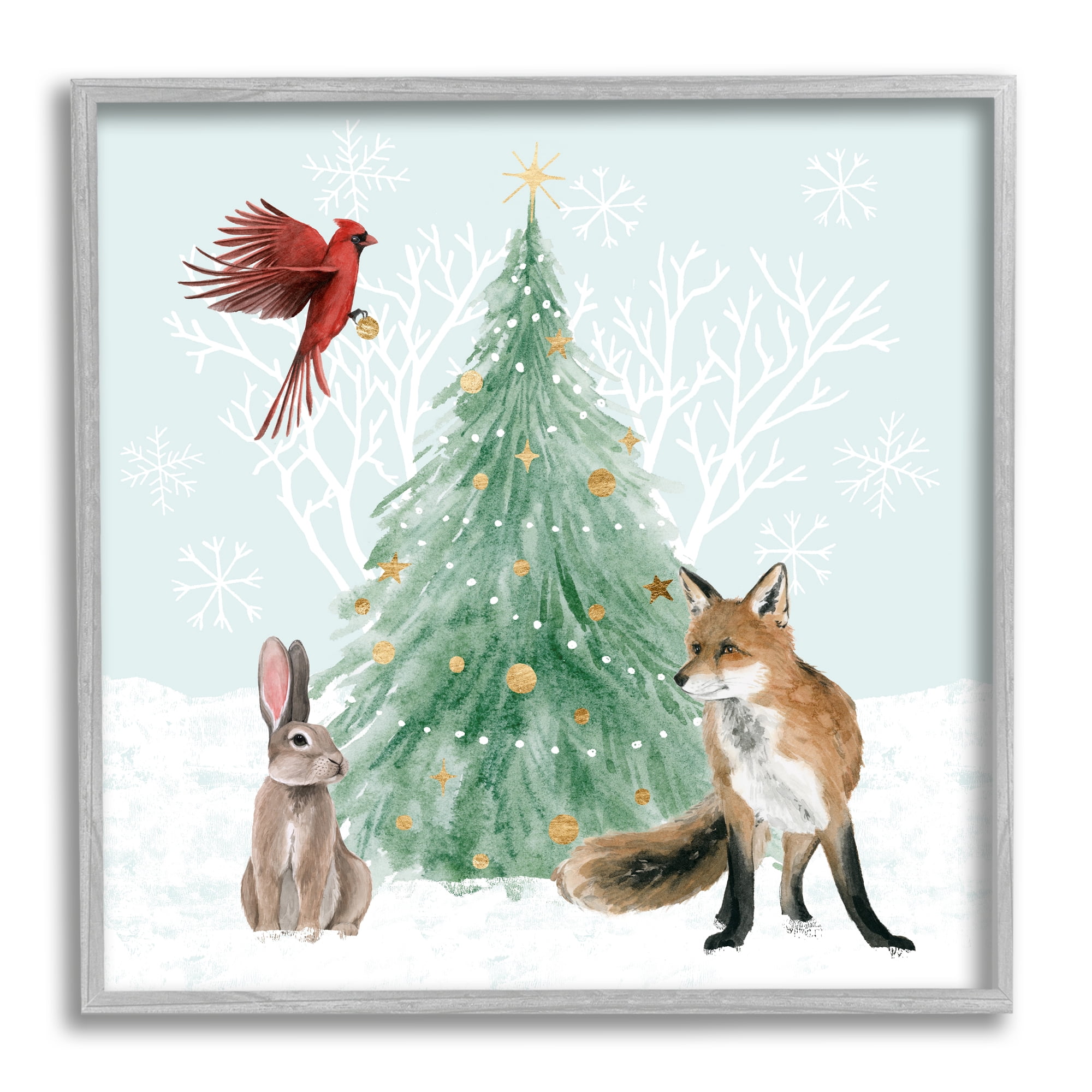 Wintery Wildlife Decorated Christmas Tree Snowflakes Animals & Insects Painting Framed Art Print Wall Art