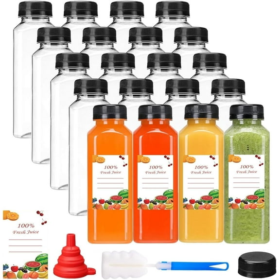 Wintfarm 20pcs 13.6oz/400ml Empty Plastic Juice Bottles with Caps, Smoothie bottle,Shot bottles with lids,Reusable Water Bottle,Clear Bulk Plastic bottles with Black Tamper for Juicing and Beverages