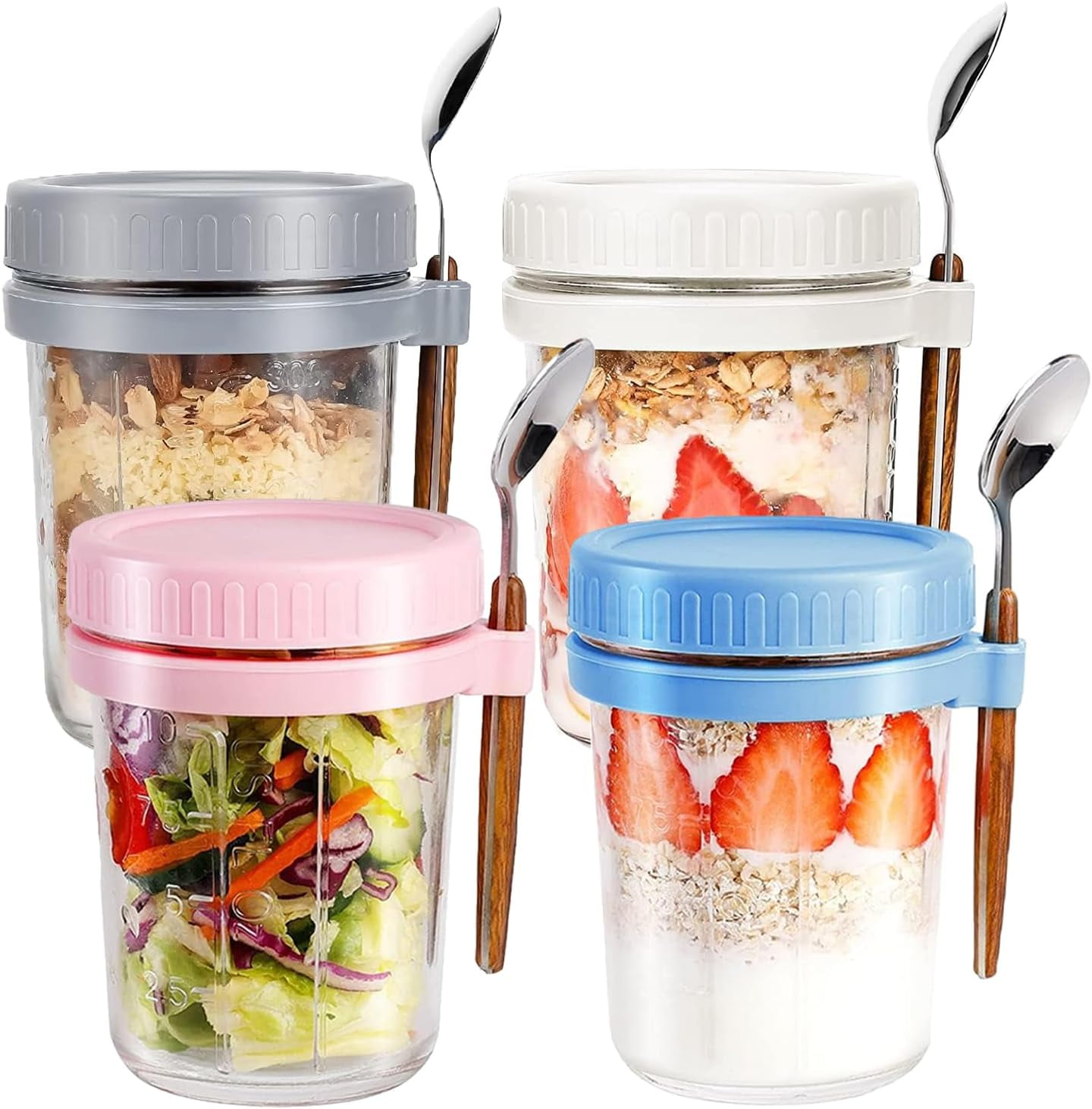 KAIZHOUZHOU 16 Oz Glass Overnight Oats Jars With Lids - Airtight Wide Mouth Mason Containers For Cereal, Yogurt, Salad, Meal Prep (2-Pack, Grey & White)