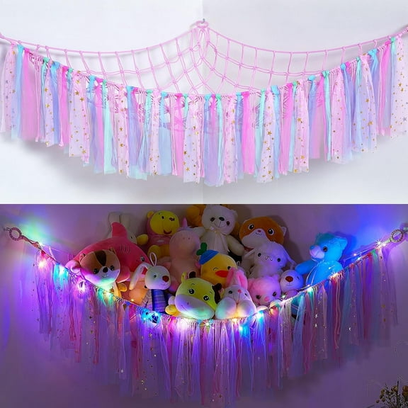 Wintfarm Toy Hammock Stuffed Animals Storage Net Soft Cuddly Toys Large Corner Hanging Net With LED Light Hand Woven Plush Macrame Organizer with Tassel for Kids Bedroom Nursery
