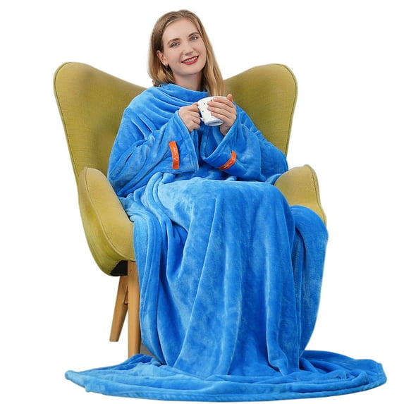 Winthome Blanket with Sleeves, Gift for Women Men Adult, Soft and Cozy Wearable Blanket with Elastic Cuffs, Hook and Loop Fastener / Blue 55*78.7'' XL