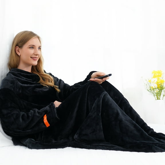 Winthome Flannel Wearable Blanket Gift for Women Men Adult Large Soft Fleece TV Throw Wrap Robe Blanket with Sleeves & Feet Pockets Comfy Warm Full Body with Pocket Black 55.1"X70.8"
