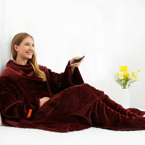 Winthome Flannel Wearable Blanket Large Soft Fleece TV Throw Wrap Robe Blanket with Sleeves & Feet Pockets Comfy Warm Full Body with Pocket Red 55.1"X70.8"