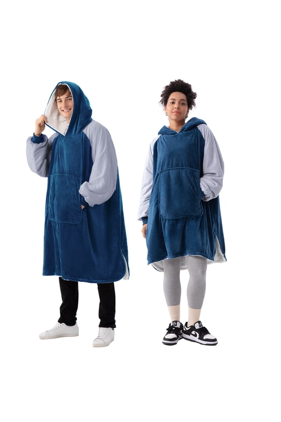 Wearable Blanket Hoodie Oversized Big Hooded Blanket Soft Warm Sweatshirt Sherpa Fleece Blue & Gray with Deep Pockets for Unisex 4.5-6ft, 120-160lb M