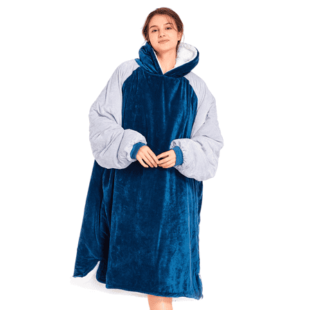 Winthome Wearable Blanket Hoodie Oversized Big Hooded Blanket Soft Warm Sweatshirt Sherpa Fleece Blue & Gray with Deep Pockets for Unisex 4.5-6ft, 120-160lb M