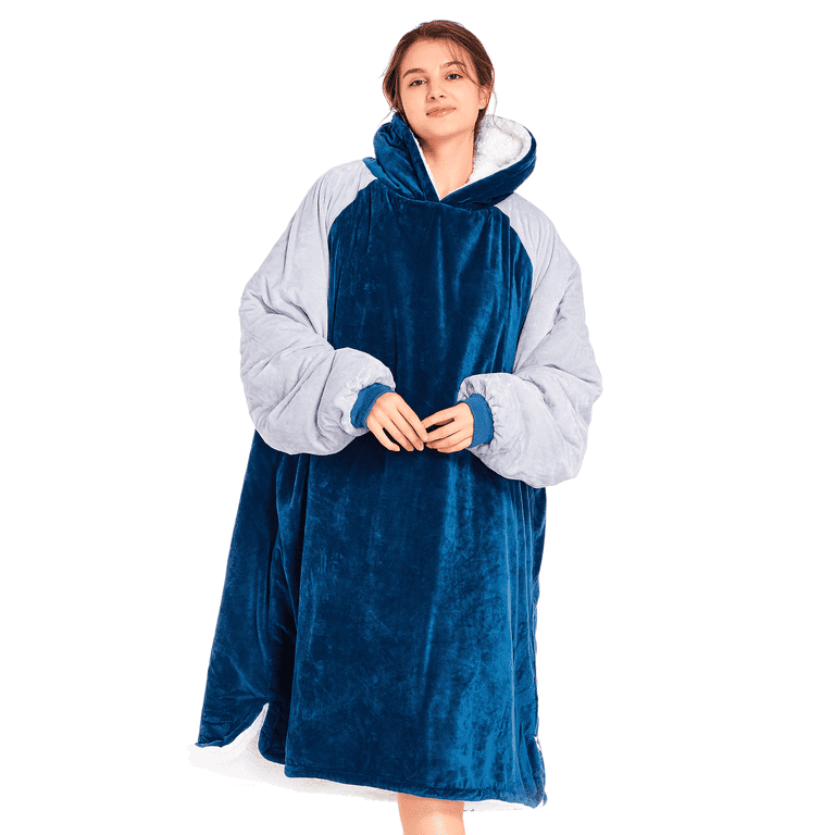 Winthome Wearable Blanket Hoodie Oversized Big Hooded Blanket Soft Warm Sweatshirt Sherpa Fleece Blue Gray with Deep Pockets for Unisex 4.5 6ft 120 160lb M Walmart
