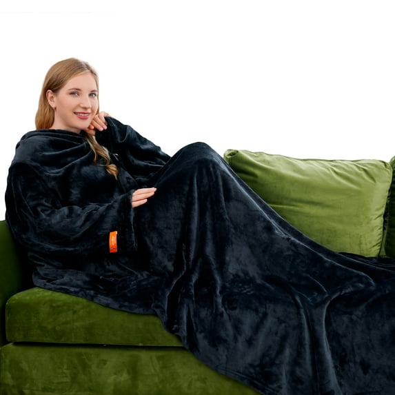 Winthome Wearable Blanket with Sleeves Super Soft TV Throw Blanket(Black) Comfy Warm for Adult Women Men XL(55.1*78.7'')