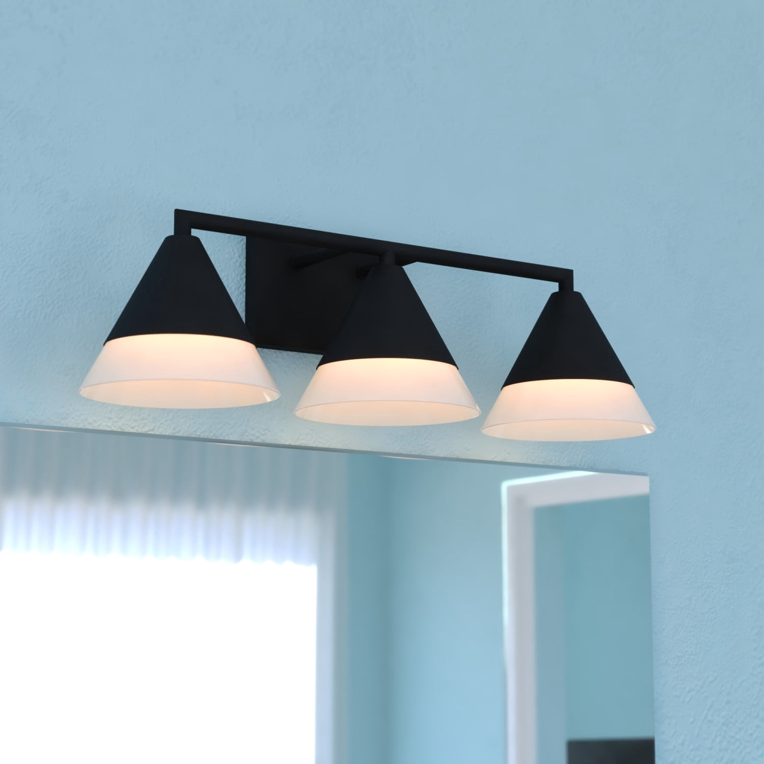 Winthrop 3-Light 25.25 in. Wide Matte Black Modern Contemporary Bathroom Vanity Lighting Fixture, Etched White Cone Glass Shade, Dimmable, LED Compatible, Over the Mirror Mounted Metal Wall Sconce
