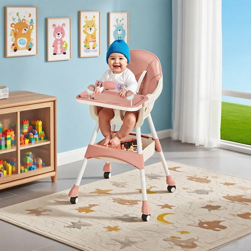 Wintline Portable High Chair,High Chairs for Babies and Toddlers,Multi-Use Easy Clean Baby High Chair with Lock Wheels, Comfortable Feeding and Place The Toy Storage Basket,Pink
