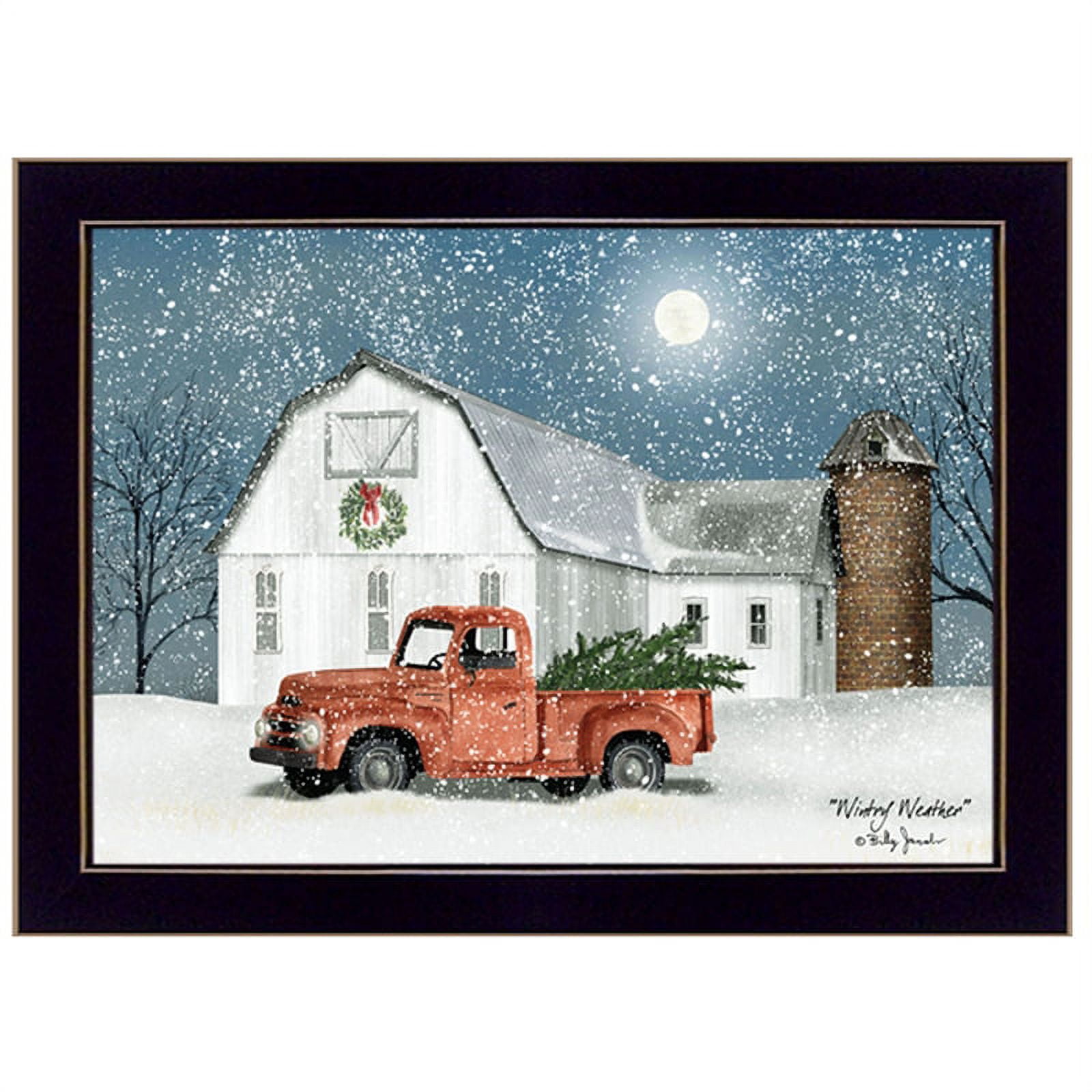 Wintry Weather Christmas Print with Red Truck in Wooden Frame