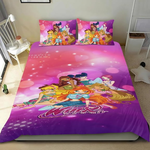 Winx Club themed sheet set, three-piece, plush，standout design, machine-washable, great gifts for family, friends, fans, 55x79 in (140*200 cm).