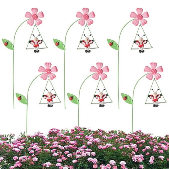 Winyuyby Iron Garden Flowers 6pcs Decorative Iron Plant Stakes 10.6 Inch Ornamental Yard Stakes with Cute Animals on Swings D Fork decoration