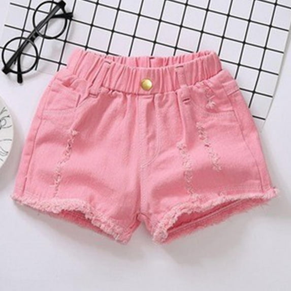 Wioihee 1-15 Years Middle Aged Children's Fashionable Versatile Solid Color Button Pocket Ripped Denim Shorts Pink-F 5-6 Years
