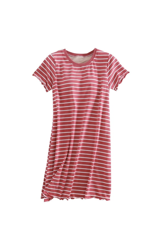 100% Cotton Nightgowns for Women Stripes Soft Ladies Gowns Sleepwear Short Sleeve Nightgown on Red 10(XL)