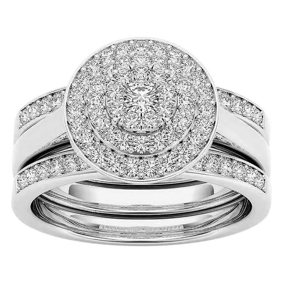 Wioihee 18K White Gold Plated Bright Cut Bridal Wedding Ring Set Jewelry Gifts Cubic Zirconia Two-in-One Halo Engagement Promise Eternity Ring Set