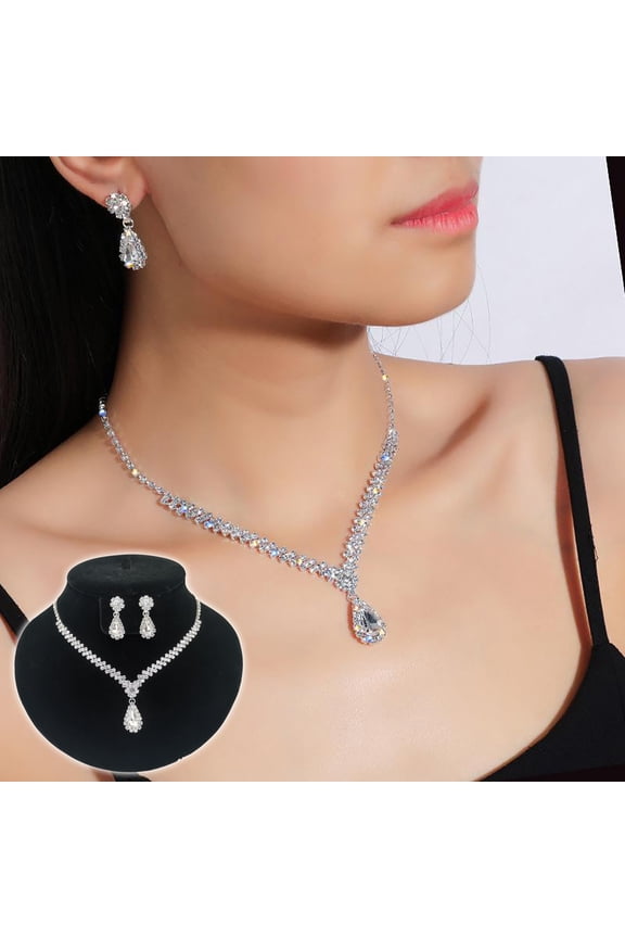 Under $2.00 Exquisite Rhinestone Chain Necklace Set Diamond Necklace and Earrings Two-piece Wedding Bridal Jewelry Set