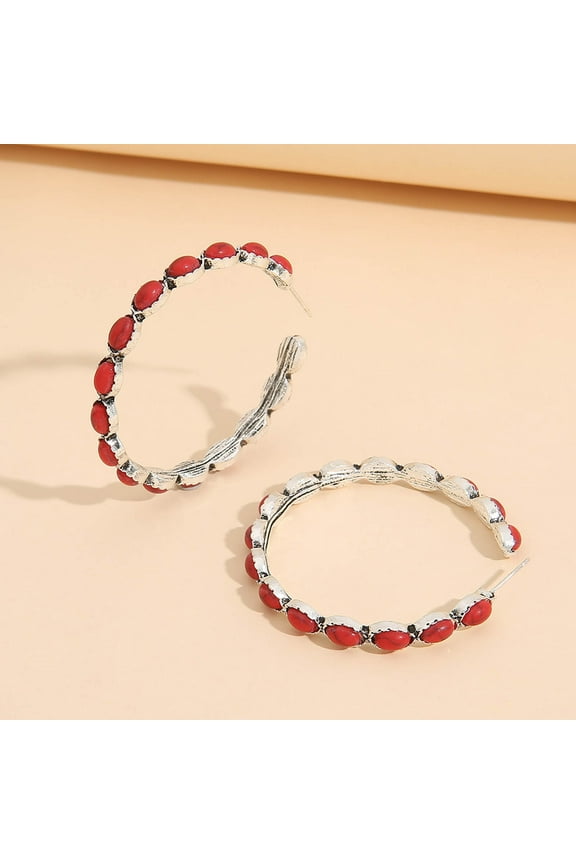 Under $2.00 Vintage Western Turquoise Large C Shape Turquoise Hoop Earrings