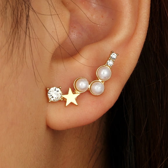 Wioihee Under $2.00 Women Geometric Five-pointed Star Pearl with Diamond Irregular Earrings