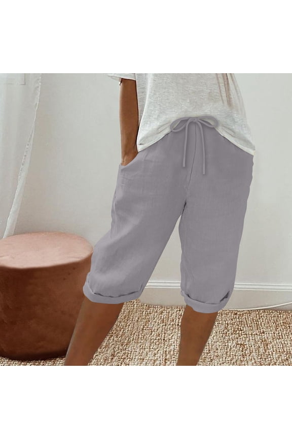 Cotton Linen Shorts for Women Summer Bermuda Shorts Capris Trousers Knee Length Drawstring Shorts with Pocket