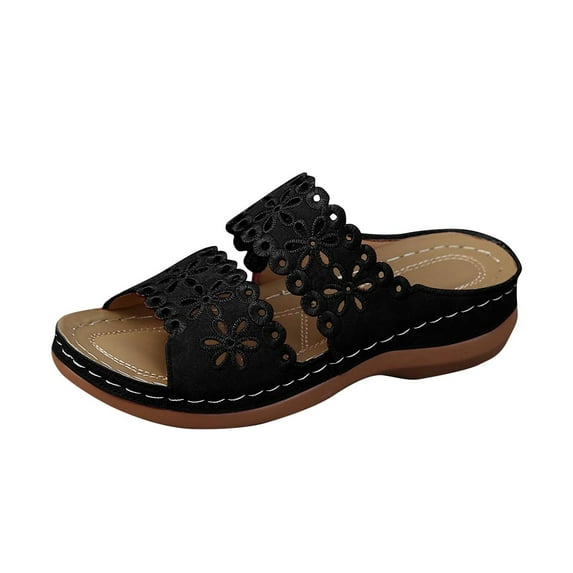 Wioihee Coutgo Womens Wedge Hollow Sandals Espadrilles Two Strap Woven Slip On Summer Cute Slide Sandals Clearance Black 9(42)