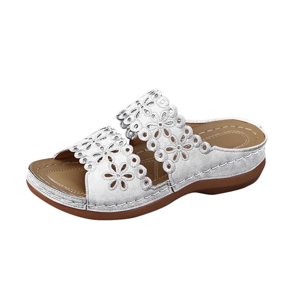 Wioihee Coutgo Womens Wedge Hollow Sandals Espadrilles Two Strap Woven Slip On Summer Cute Slide Sandals White 6(37)