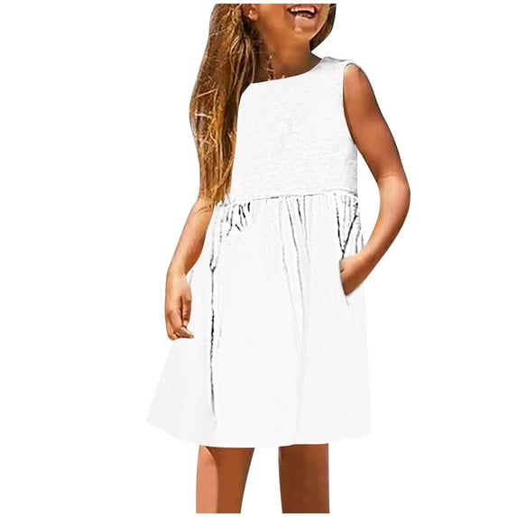 Wioihee Girls Summer Sleeveless Dress Tropical Holiday Skater Twirly Dresses 3-14 Years White 7 Years
