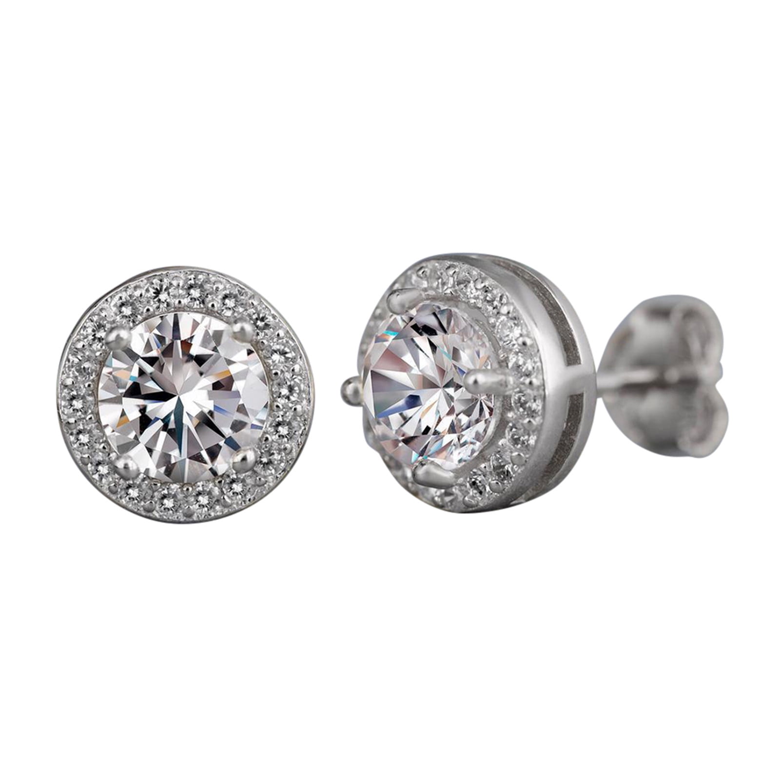 Jiamiaoi 18K White Gold Plated Halo Stud Earrings – 3.5 Carat CZ, 925 Sterling Silver, Round & Princess Cut