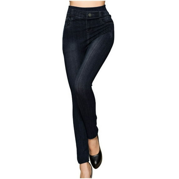Wioihee Jean Leggings Jeggings for Women High Waist Tummy Control with Back Pockets Skinny Stretchy Denim Fake Jean Black S