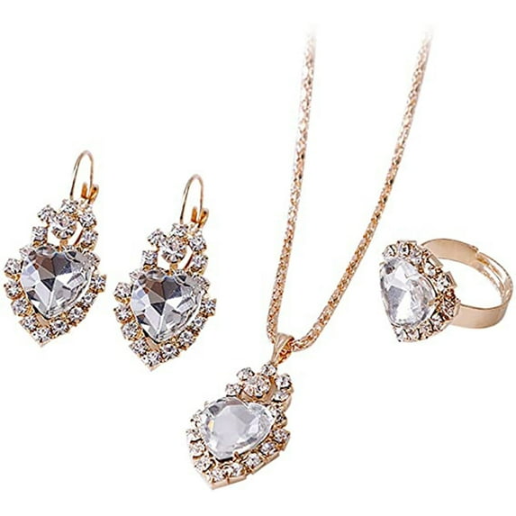 Wioihee Ladies' jewelry 4Pcs Heart Jewelry Set for Women, Cubic Zirconia Pendant Necklace Hoop Earrings Open Ring Charm Tennis Bracelet Set for Prom Party, Birthday Valentines Christmas Jewelry Gift