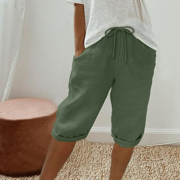 Wioihee Linen Shorts for Women Knee Length Bermuda Shorts Drawstring Elastic Waist Summer Casual Gym Shorts with Pockets