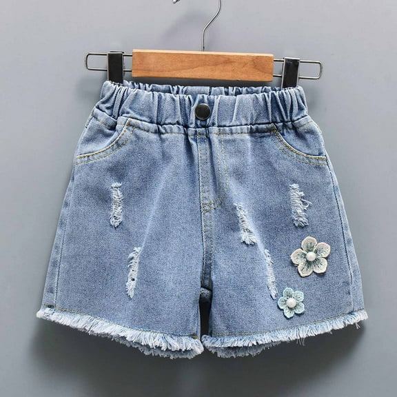 Wioihee Little&Big Girls Summer Denim Shorts Elastic Waistband Flower Ripped Jeans 4-11Y Blue 14-15 Years