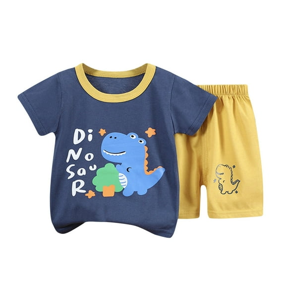 Wioihee Little Boys Girls 2 Piece Short Pajamas Sleepwear 100% Cotton Toddler Pjs with Cartoon Animal Print Summer Kids Clothes 6 Months to 8 Years Clearance Dark Blue 4 Years