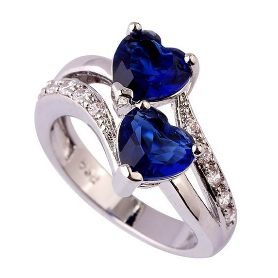 Wioihee Love Heart Birthstone Double Ring to Daughter 932 Sterling Silver Heart Cubic Zircon Rings for Women Mother Jewelry for Christmas gift Dark Blue 9