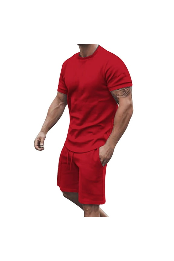 Men 2 Piece Outfits Summer Casual Crew Neck Muscle Short Sleeve Tee Shirts and Classic Fit Sport Shorts Set Tracksuit Red XXL(XXL)