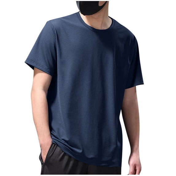 Wioihee Men's Casual Summer Short Sleeved Solid Color Round Neck Fitness Blouses Shirts Navy-B XXXXXL(XXXXXL)