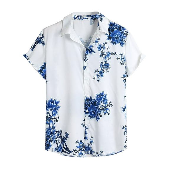 Wioihee Men's Floral Print Button Down Short Sleeve Turn Down Collar Hawaiian Vacation Shirt Blue 10(XXL)