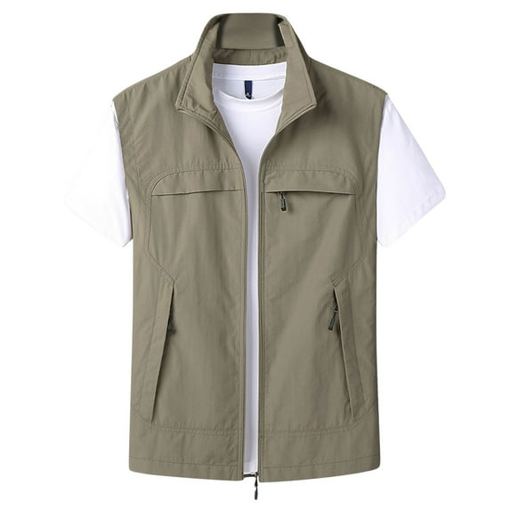 Wioihee Men's Summer Casual Lightweight Breathable Mesh Cycling Travel Zip Vest Khaki 12(XXXXL)
