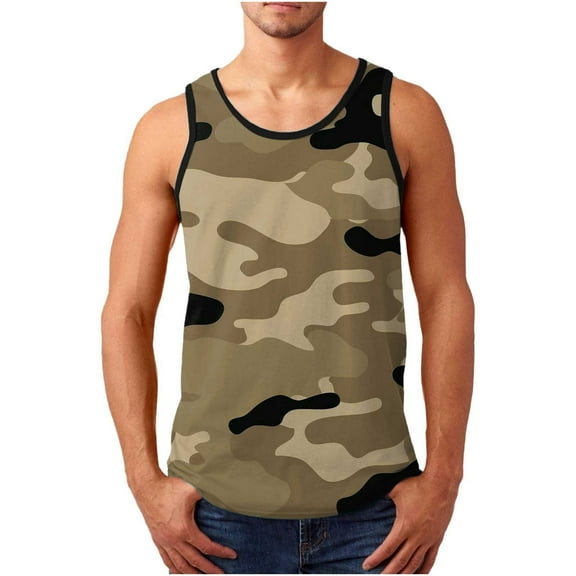 Wioihee Men's Tank Top Camo Muscle Workout Gym Shirts Moisture Wicking Lightweight Summer Casual Sleeveless Shirts Khaki 14(XXXL)
