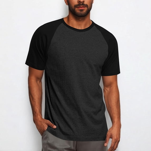 Wioihee Men's Two Color Blocked Pullover Fitness Casual Sports T - Shirt Pajamas Short Sleeve Round Neck Dark Gray-R M(M)