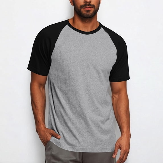 Wioihee Men's Two Color Blocked Pullover Fitness Casual Sports T - Shirt Pajamas Short Sleeve Round Neck Gray-R L(L)